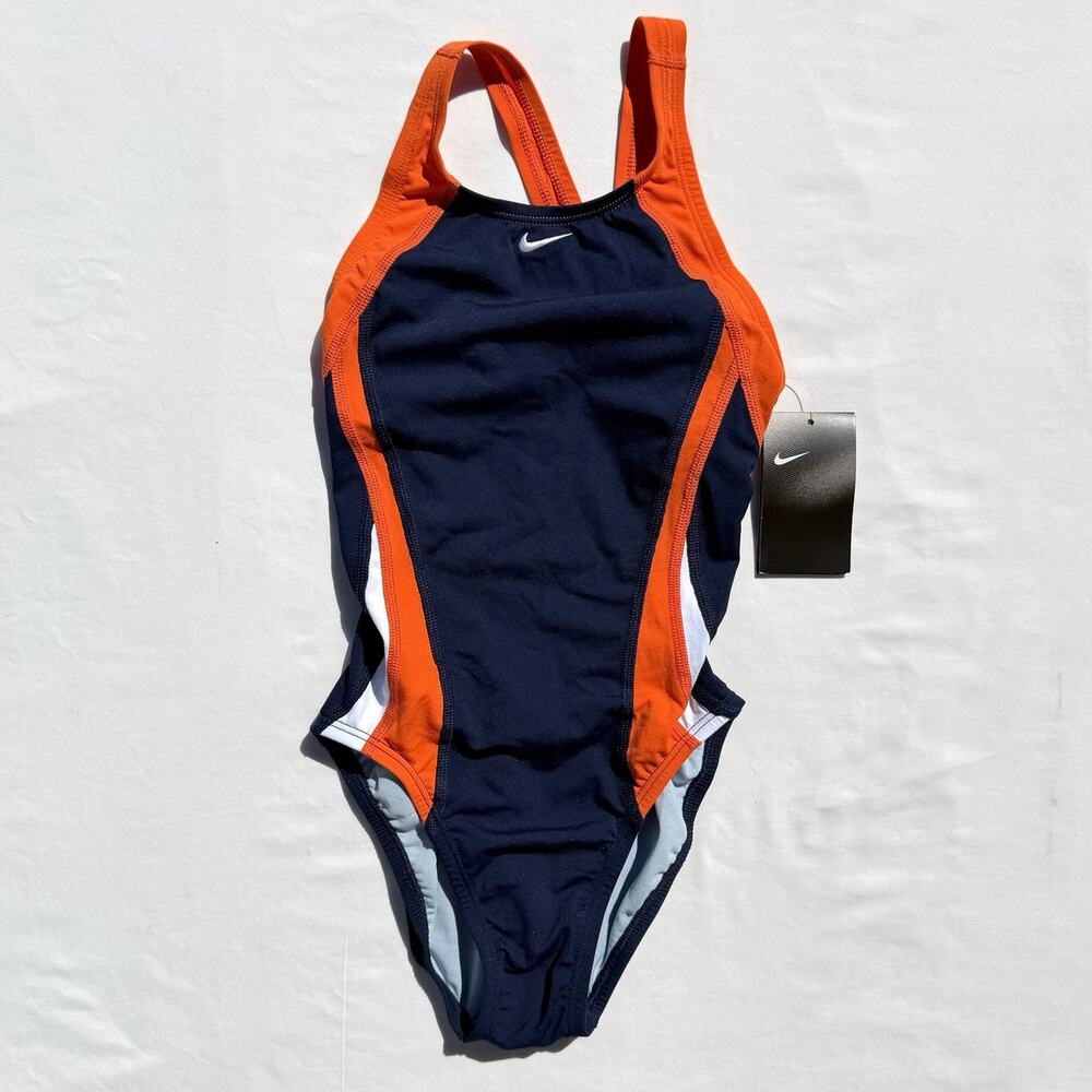 Nike Girls One Piece Swimsuit US 12 Euro 28 Navy Blue Orange Racing